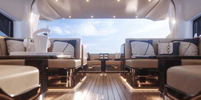私人奢华游艇，内部奢华无比，甲板的木材越用越亮